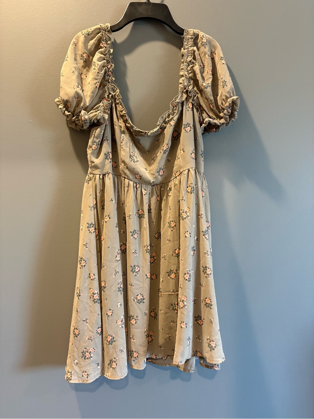 Altar'd State Beige Floral Puff-Sleeve Mini Dress with Scoop Back